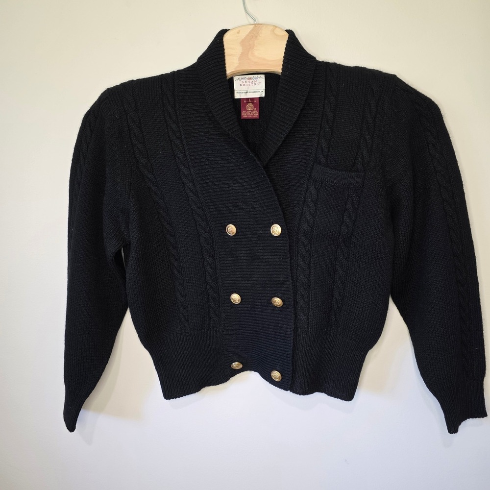 Susan Bristol Cardigan Womens L Black Vintage 90s Wool Cable Knit Gold Button